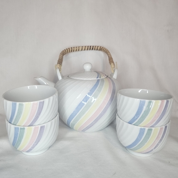 Vintage Other - Vintage Pastel Rainbow Porcelain Tea Set - 4 Cups 1 Teapot 70s-80s Made In Japan